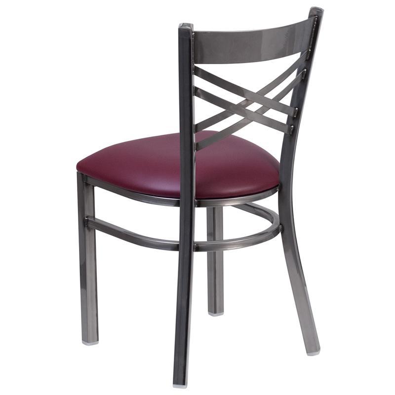 HERCULES Series Clear Coated ''X'' Back Metal Restaurant Chair - Burgundy Vinyl Seat - Back