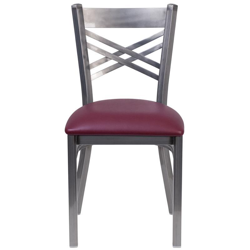 HERCULES Series Clear Coated ''X'' Back Metal Restaurant Chair - Burgundy Vinyl Seat - Front