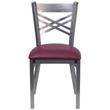 Load image into Gallery viewer, HERCULES Series Clear Coated &#39;&#39;X&#39;&#39; Back Metal Restaurant Chair - Burgundy Vinyl Seat - Front