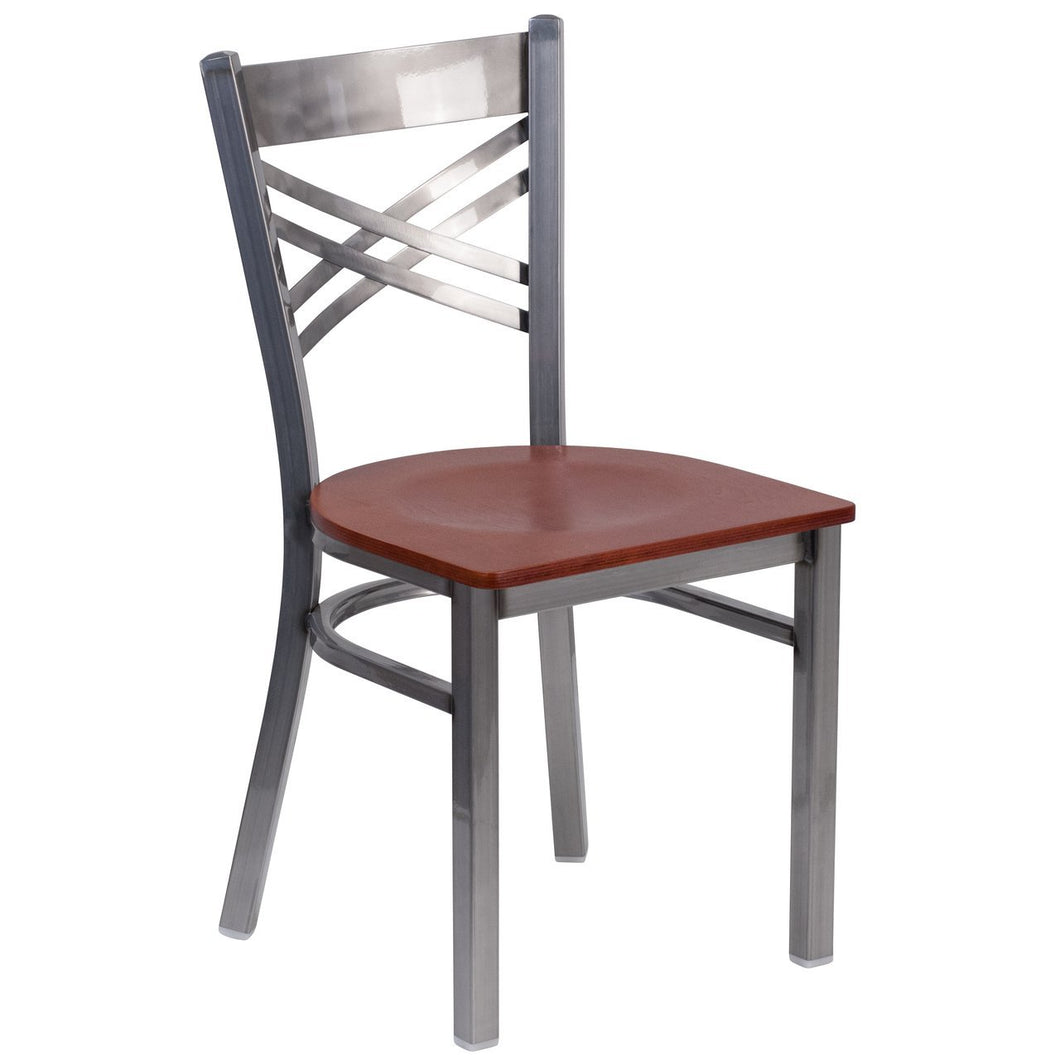 HERCULES Series Clear Coated ''X'' Back Metal Restaurant Chair - Cherry Wood Seat