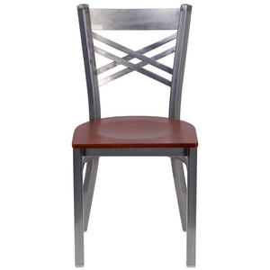 HERCULES Series Clear Coated ''X'' Back Metal Restaurant Chair - Cherry Wood Seat - Front