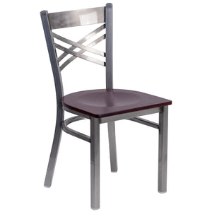 HERCULES Series Clear Coated ''X'' Back Metal Restaurant Chair - Mahogany Wood Seat