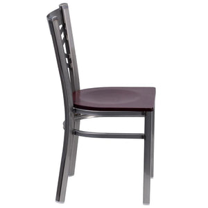 HERCULES Series Clear Coated ''X'' Back Metal Restaurant Chair - Mahogany Wood Seat - Side