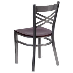 HERCULES Series Clear Coated ''X'' Back Metal Restaurant Chair - Mahogany Wood Seat - Back