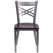 Load image into Gallery viewer, HERCULES Series Clear Coated &#39;&#39;X&#39;&#39; Back Metal Restaurant Chair - Mahogany Wood Seat - Front