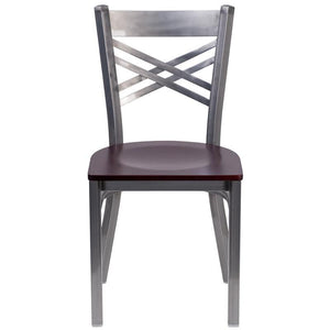 HERCULES Series Clear Coated ''X'' Back Metal Restaurant Chair - Mahogany Wood Seat - Front