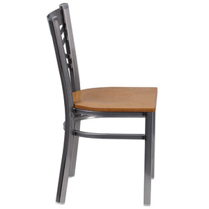 HERCULES Series Clear Coated ''X'' Back Metal Restaurant Chair - Natural Wood Seat - Side