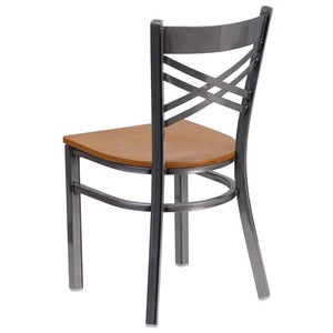 HERCULES Series Clear Coated ''X'' Back Metal Restaurant Chair - Natural Wood Seat