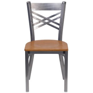 HERCULES Series Clear Coated ''X'' Back Metal Restaurant Chair - Natural Wood Seat - Front