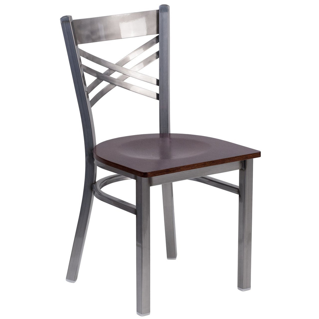 HERCULES Series Clear Coated ''X'' Back Metal Restaurant Chair - Walnut Wood Seat