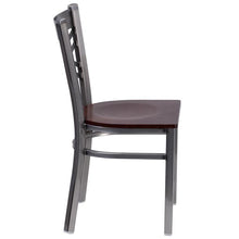 Load image into Gallery viewer, HERCULES Series Clear Coated &#39;&#39;X&#39;&#39; Back Metal Restaurant Chair - Walnut Wood Seat - Side