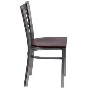 HERCULES Series Clear Coated ''X'' Back Metal Restaurant Chair - Walnut Wood Seat - Side