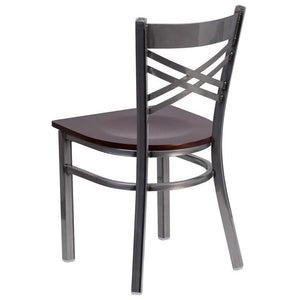 HERCULES Series Clear Coated ''X'' Back Metal Restaurant Chair - Walnut Wood Seat - Back