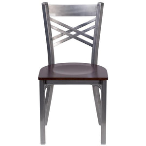HERCULES Series Clear Coated ''X'' Back Metal Restaurant Chair - Walnut Wood Seat - front