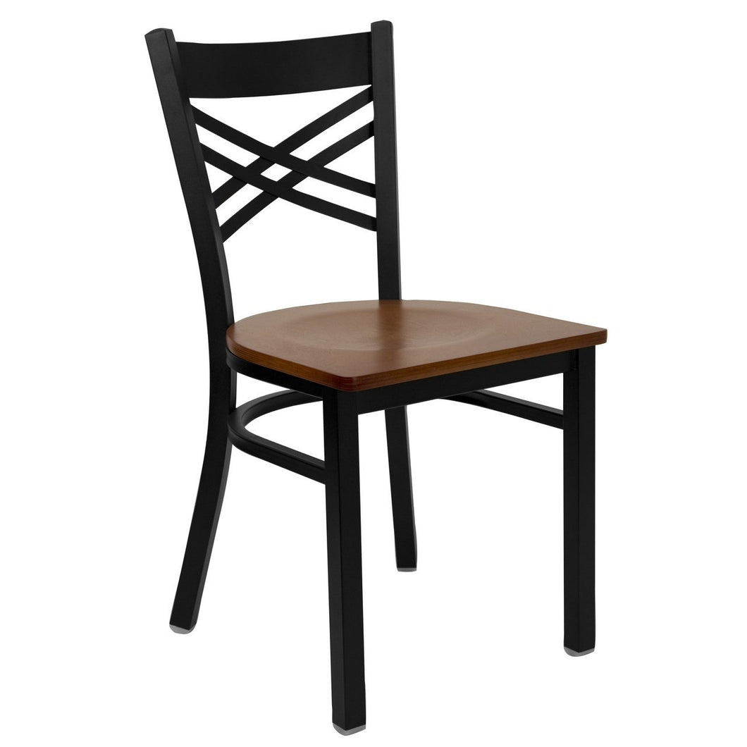 HERCULES Series Black ''X'' Back Metal Restaurant Chair - Cherry Wood Seat