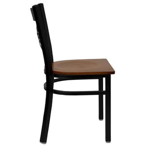 HERCULES Series Black ''X'' Back Metal Restaurant Chair - Cherry Wood Seat - Side