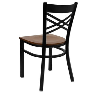 HERCULES Series Black ''X'' Back Metal Restaurant Chair - Cherry Wood Seat - Back