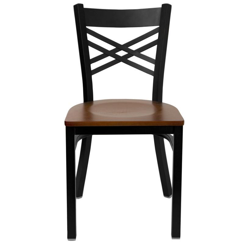 HERCULES Series Black ''X'' Back Metal Restaurant Chair - Cherry Wood Seat - Front