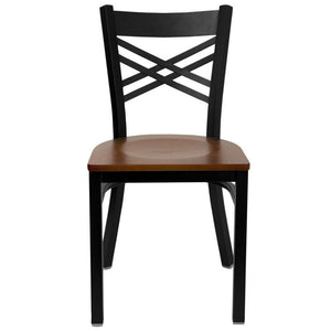 HERCULES Series Black ''X'' Back Metal Restaurant Chair - Cherry Wood Seat - Front