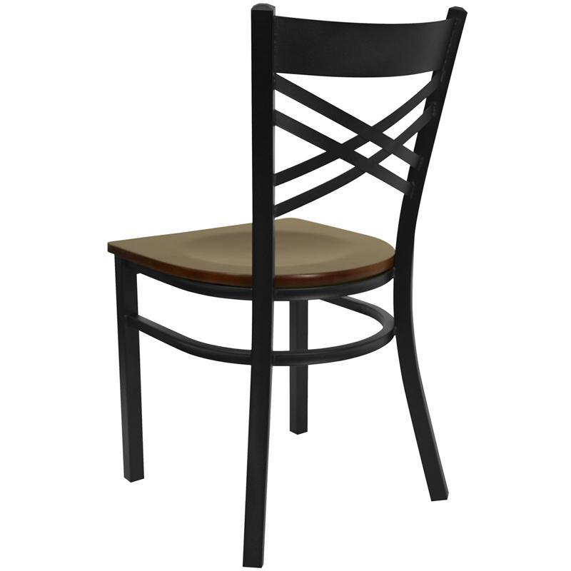 HERCULES Series Black ''X'' Back Metal Restaurant Chair - Mahogany Wood Seat - Back