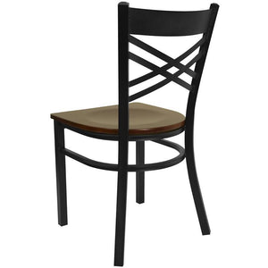 HERCULES Series Black ''X'' Back Metal Restaurant Chair - Mahogany Wood Seat - Back