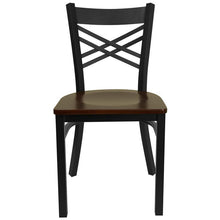 Load image into Gallery viewer, HERCULES Series Black &#39;&#39;X&#39;&#39; Back Metal Restaurant Chair - Mahogany Wood Seat - Front
