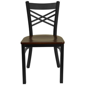 HERCULES Series Black ''X'' Back Metal Restaurant Chair - Mahogany Wood Seat - Front
