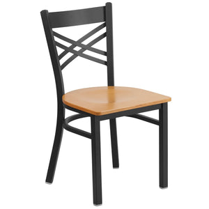 HERCULES Series Black ''X'' Back Metal Restaurant Chair - Natural Wood Seat