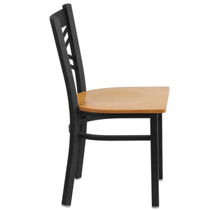 HERCULES Series Black ''X'' Back Metal Restaurant Chair - Natural Wood Seat - Side