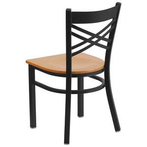 HERCULES Series Black ''X'' Back Metal Restaurant Chair - Natural Wood Seat - Back