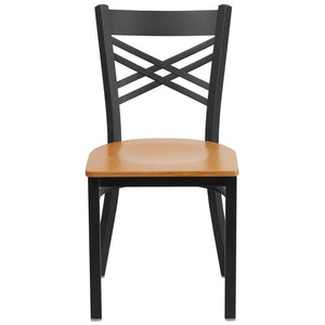 HERCULES Series Black ''X'' Back Metal Restaurant Chair - Natural Wood Seat - Front