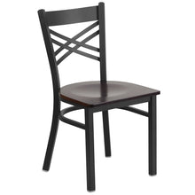 Load image into Gallery viewer, HERCULES Series Black &#39;&#39;X&#39;&#39; Back Metal Restaurant Chair - Walnut Wood Seat