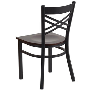 HERCULES Series Black ''X'' Back Metal Restaurant Chair - Walnut Wood Seat - Back