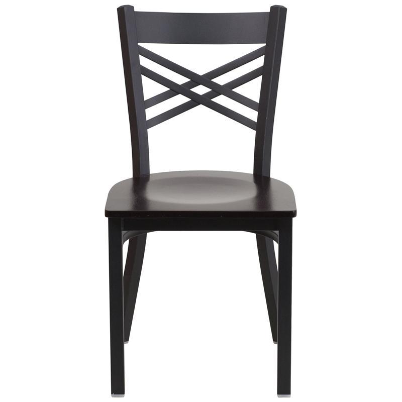 HERCULES Series Black ''X'' Back Metal Restaurant Chair - Walnut Wood Seat - Front