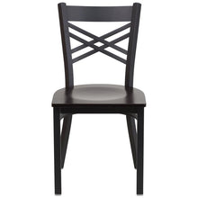 Load image into Gallery viewer, HERCULES Series Black &#39;&#39;X&#39;&#39; Back Metal Restaurant Chair - Walnut Wood Seat - Front
