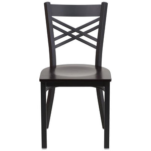 HERCULES Series Black ''X'' Back Metal Restaurant Chair - Walnut Wood Seat - Front