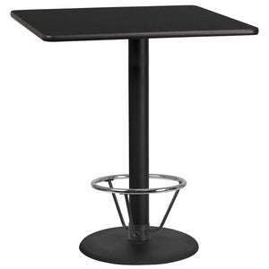 36'' Square Black Laminate Table Top with 24'' Round Bar Height Table Base and Foot Ring