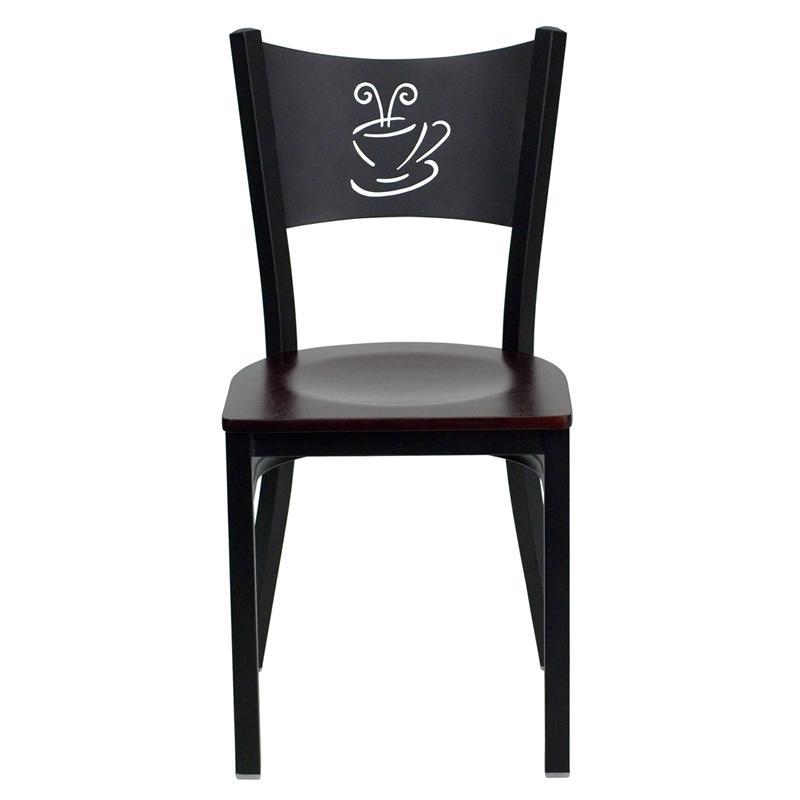 HERCULES Series Black Coffee Back Metal Restaurant Chair - Mahogany Wood Seat - Front