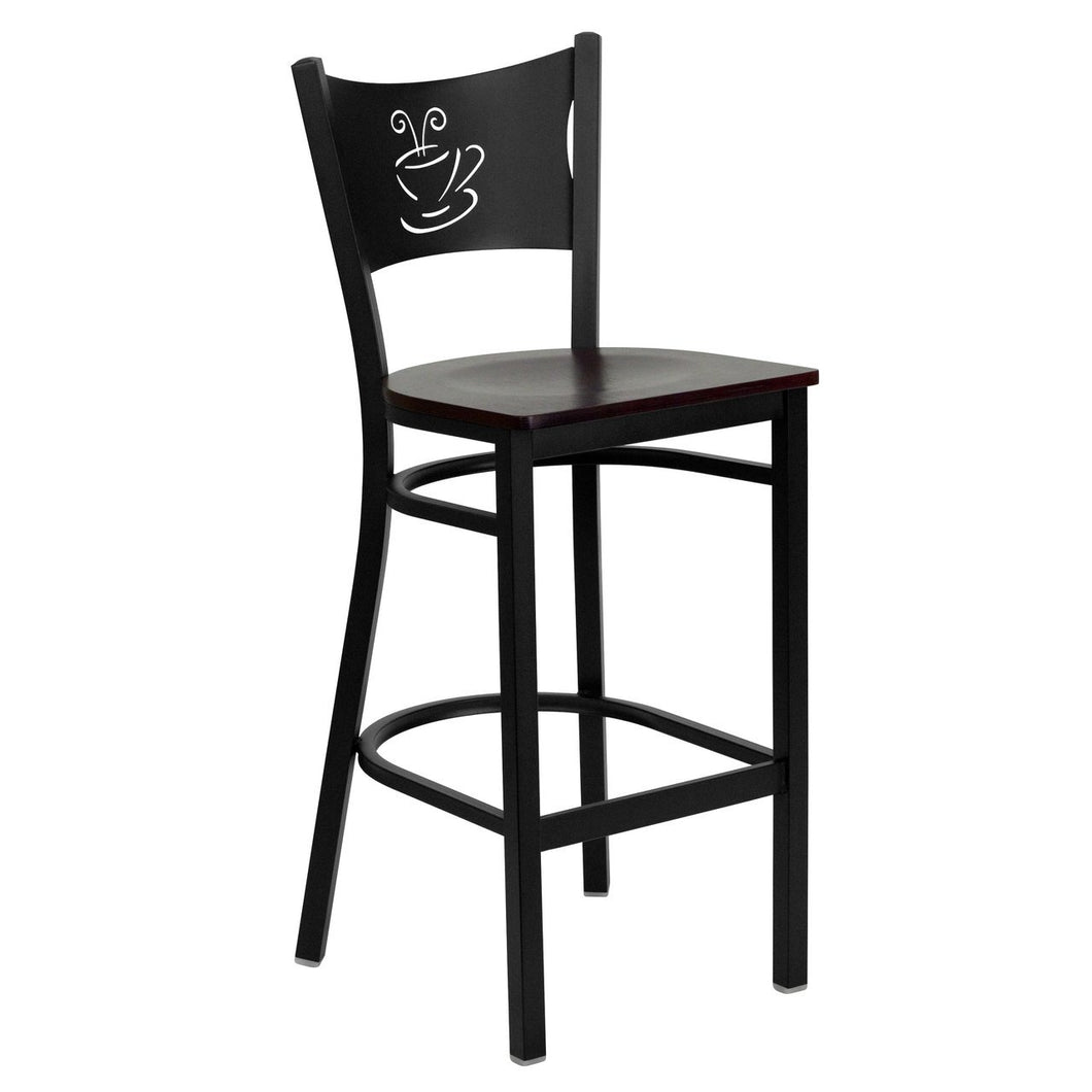 HERCULES Series Black Coffee Back Metal Restaurant Barstool - Mahogany Wood Seat
