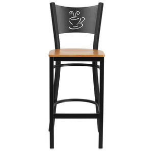 HERCULES Series Black Coffee Back Metal Restaurant Barstool - Natural Wood Seat