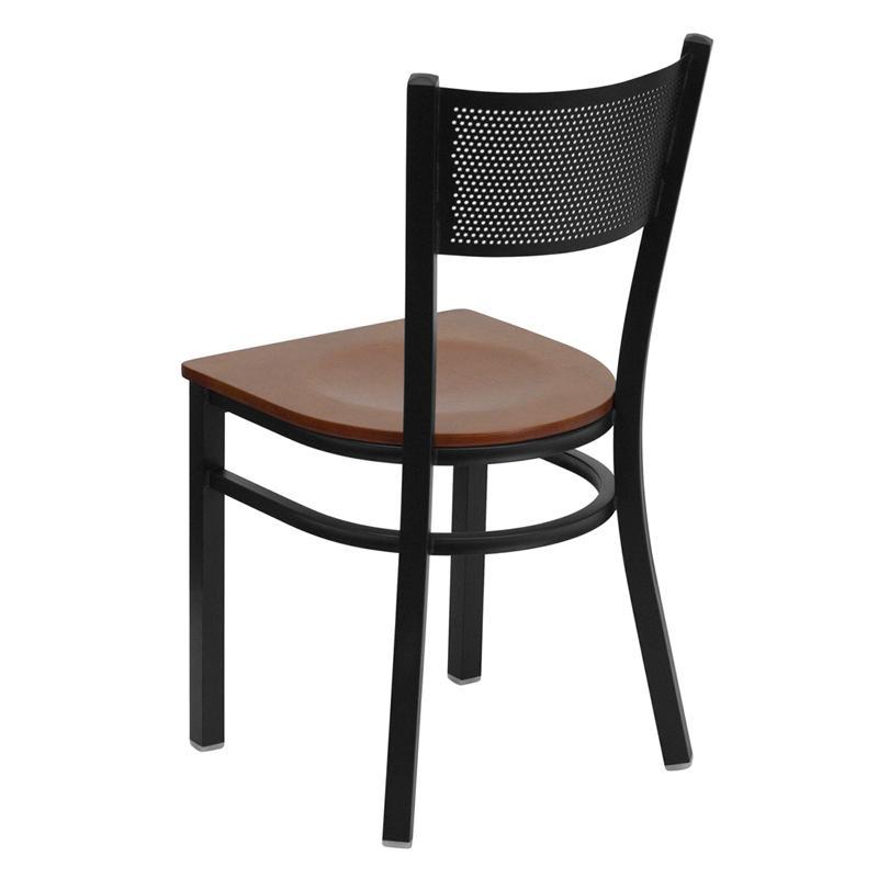 HERCULES Series Black Grid Back Metal Restaurant Chair - Cherry Wood Seat - Back