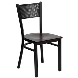 HERCULES Series Black Grid Back Metal Restaurant Chair - Mahogany Wood Seat