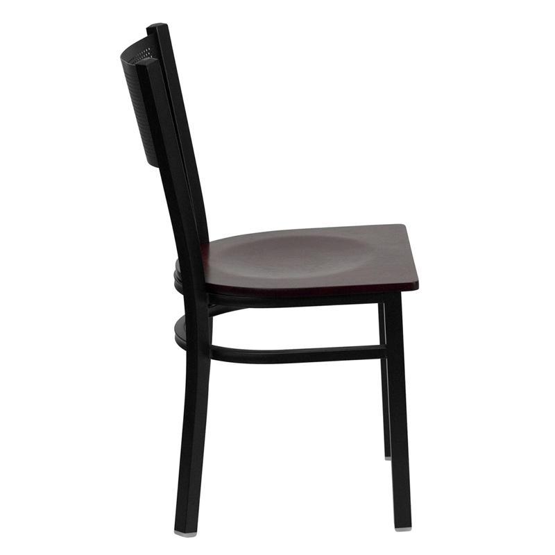 HERCULES Series Black Grid Back Metal Restaurant Chair - Mahogany Wood Seat - Side