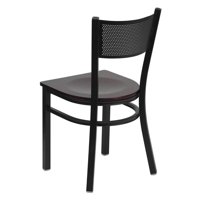 HERCULES Series Black Grid Back Metal Restaurant Chair - Mahogany Wood Seat - Back