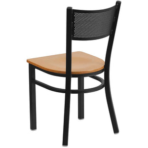 HERCULES Series Black Grid Back Metal Restaurant Chair - Natural Wood Seat