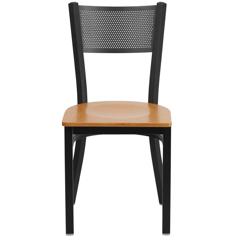 HERCULES Series Black Grid Back Metal Restaurant Chair - Natural Wood Seat - Front