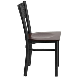 HERCULES Series Black Grid Back Metal Restaurant Chair - Walnut Wood Seat