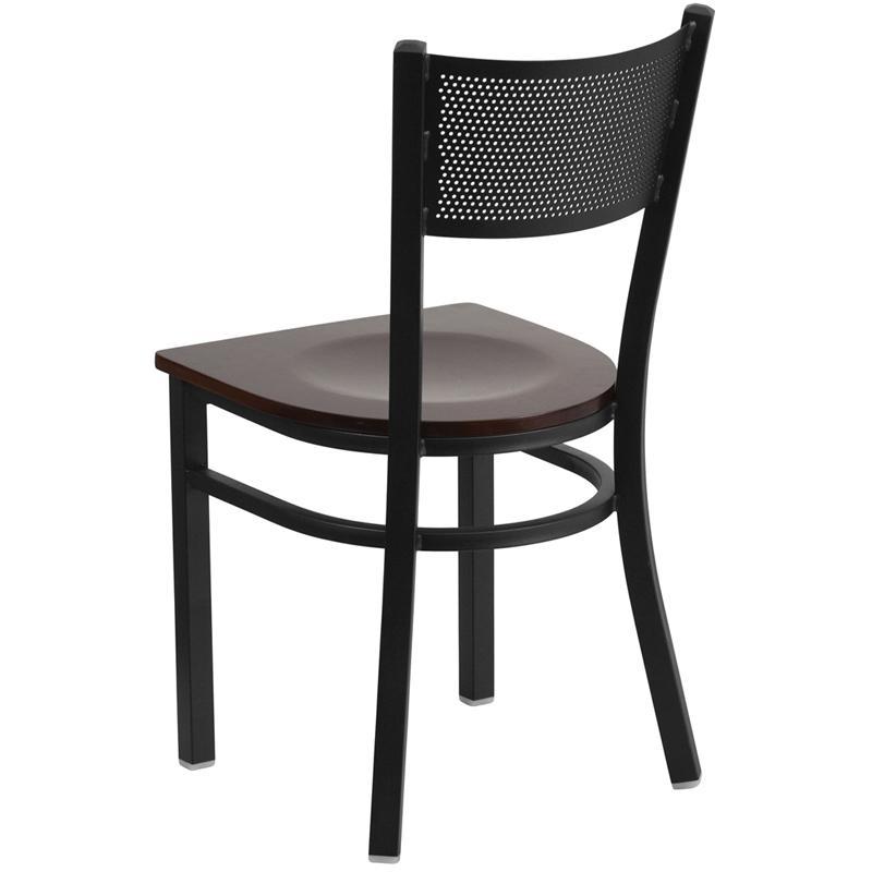 HERCULES Series Black Grid Back Metal Restaurant Chair - Walnut Wood Seat - Back