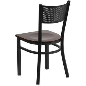 HERCULES Series Black Grid Back Metal Restaurant Chair - Walnut Wood Seat