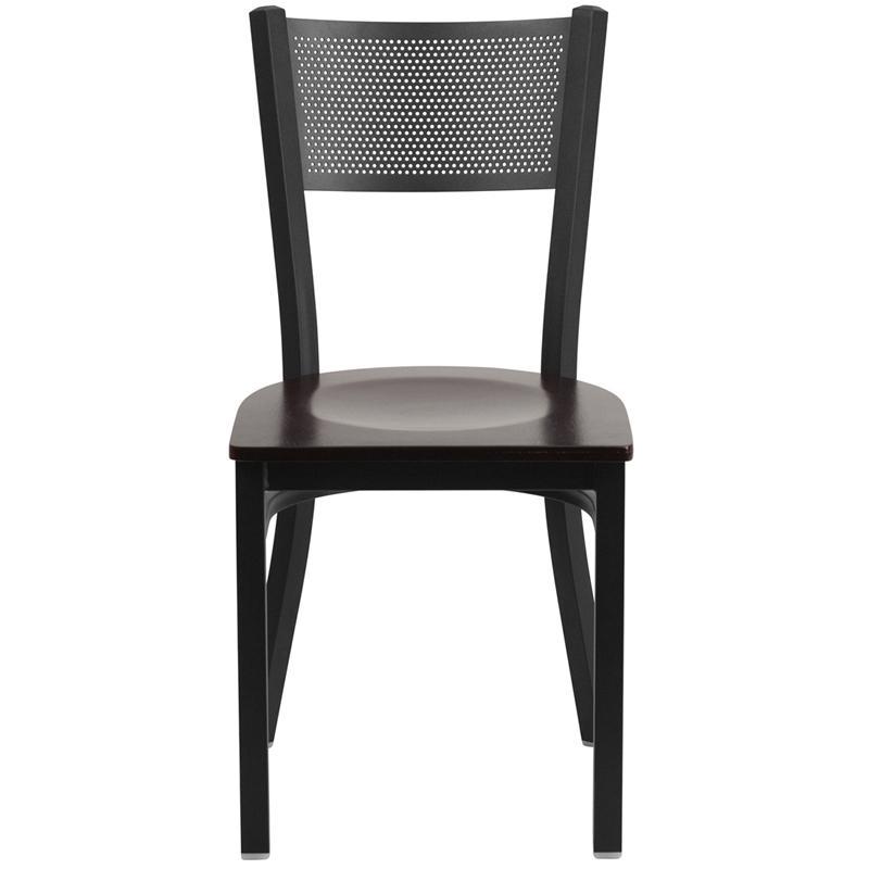 HERCULES Series Black Grid Back Metal Restaurant Chair - Walnut Wood Seat - Front